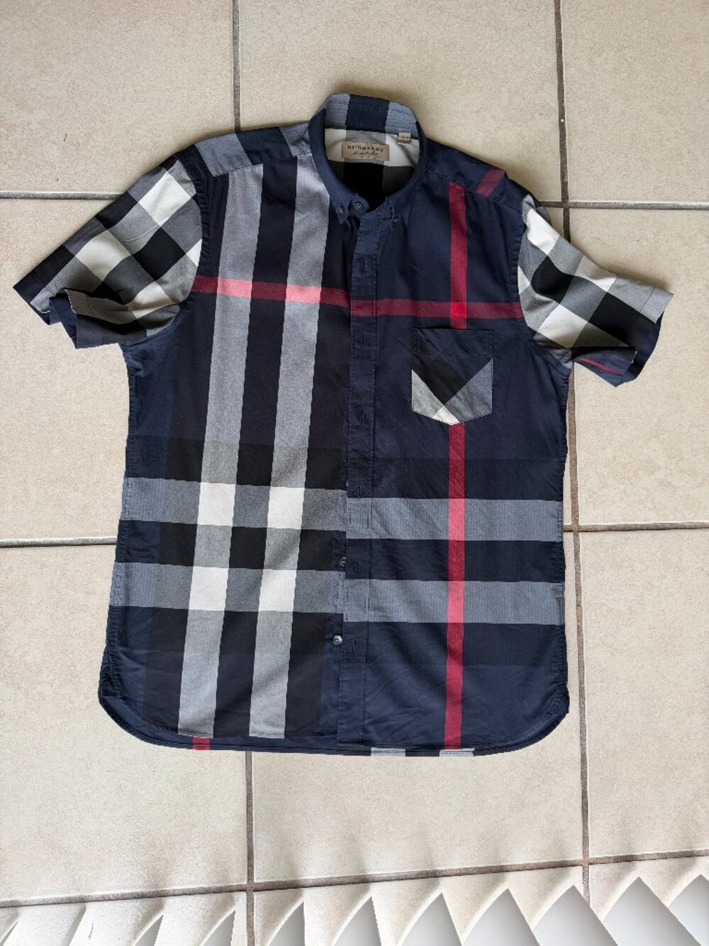 Burberry Spliced Mega Check Short Sleeve Shirt Navy Blue Mens Large L 4045842
